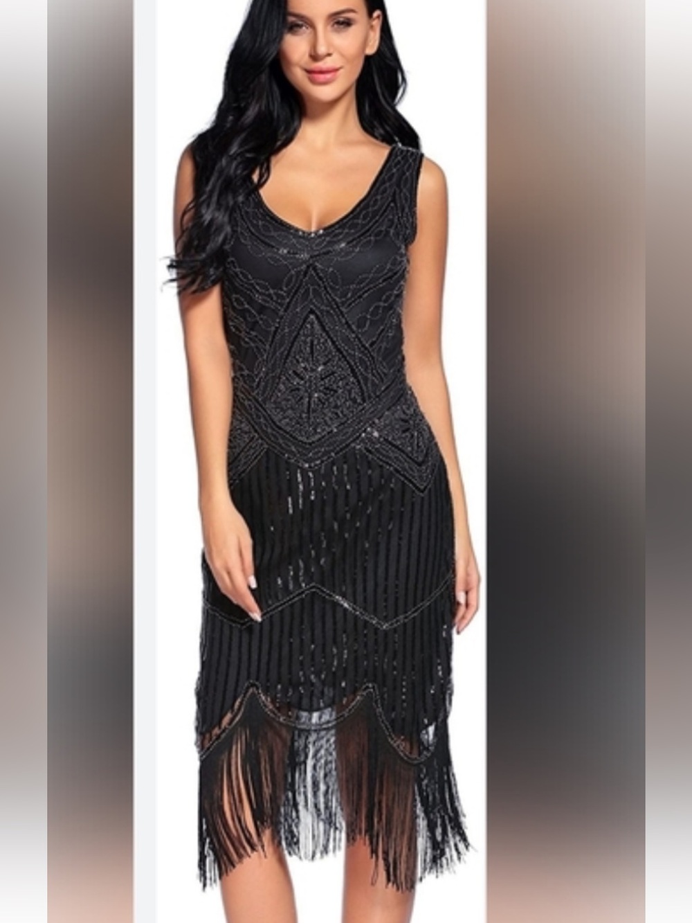 Daisy Black Beaded Fringe Midi Dress